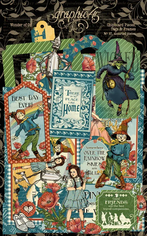 Spellbinders - Graphic 45 Wonder of Oz Piezas de cartón prensado, etiquetas y marcos