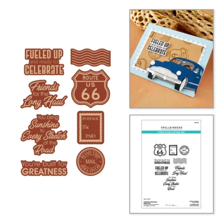 Spellbinders - Set de sellos y troqueles "Aventuras en viaje por carretera" de Mindy Eggen