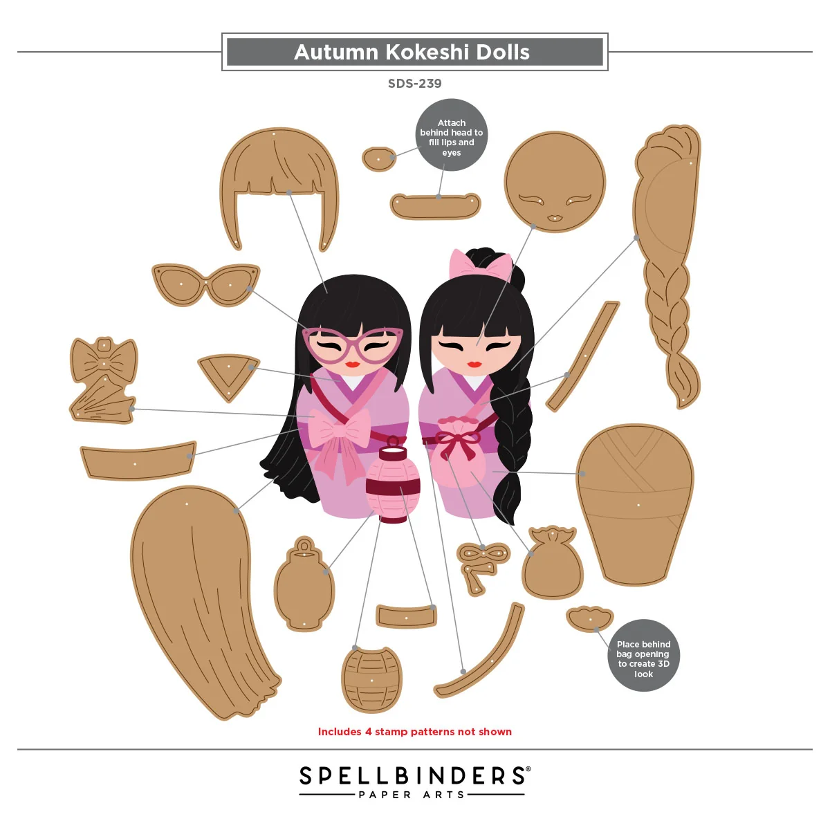 Spellbinders - Set de sellos y troqueles de muñecas Kokeshi de otoño de Alex Syberia - Imagen 4