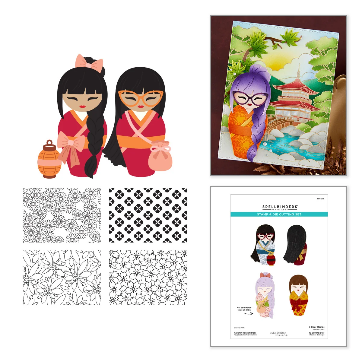 Spellbinders - Set de sellos y troqueles de muñecas Kokeshi de otoño de Alex Syberia