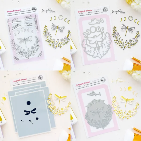 Pinkfresh Studio - Juego de sello, troquel, plantilla y placa de estampado Sueños de libélula